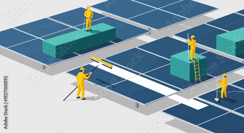 Workers Maintaining Solar Panels on Roof.