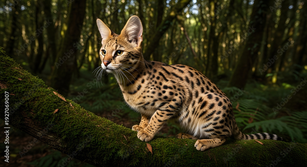 Naklejka premium A majestic leopard perched on a mossy log in a serene forest, viewed from a slight angle.