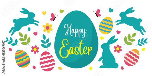 Happy Easter Greeting Card with Bunny Silhouette and Colorful Decorated Eggs Vector Illustration
