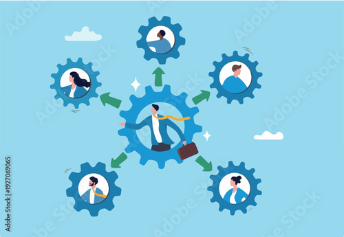 Work delegation, assign responsibility, collaboration task, teamwork efficiency or team productivity, process for manager to delegate work to employee, business teamwork delegate gear collaboration.