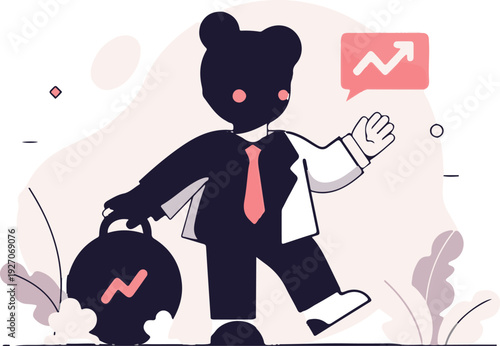 A stylized figure in a suit carries a heavy bag, with growth charts indicating progress