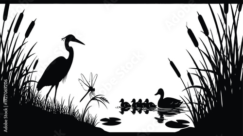 Black and white silhouette illustration of a heron and duck family in a peaceful wetland marsh scene