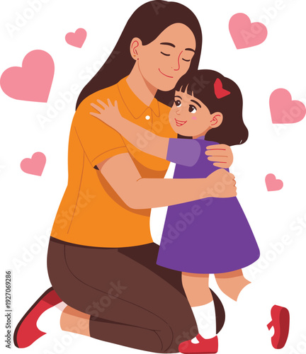 Loving mother kneeling and hugging her young daughter with pink hearts background representing happy motherhood family bonding parent child affection and care.