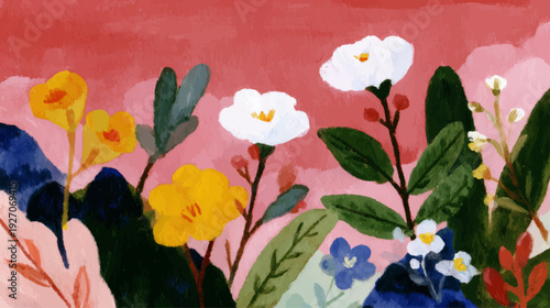 Hand Painted Gouache Style Earth Day Botanical Landscape with Soft Floral Hills and Environmental Awareness Poster Background