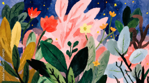 Hand Painted Gouache Style Earth Day Botanical Landscape with Soft Floral Hills and Environmental Awareness Poster Background