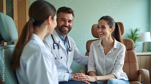 Wallpaper Mural A friendly male doctor converses with two female patients in a bright medical office, creating a warm atmosphere. Torontodigital.ca