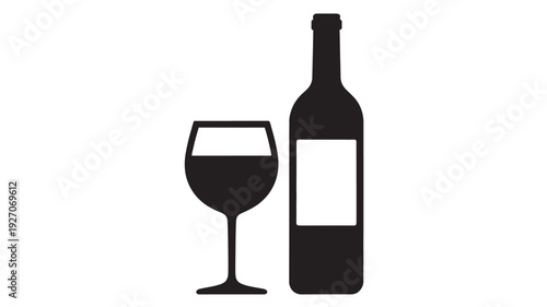 Minimalist Black Vector Silhouette of a Traditional Wine Bottle and Filled Wine Glass Isolated on White Background
