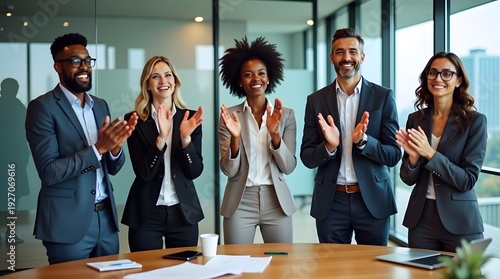 Wallpaper Mural A diverse group of professionals celebrates a successful meeting, showcasing unity and teamwork in a modern office setting. Torontodigital.ca