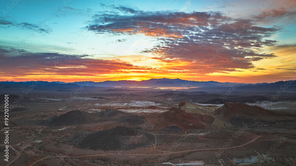 Naklejka premium Aerial Sunrise Over Lava Butte and Desert Landscape Near Las Vegas Nevada