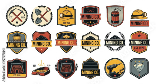 Collection of various mining company logos and emblems, vintage style, for design.