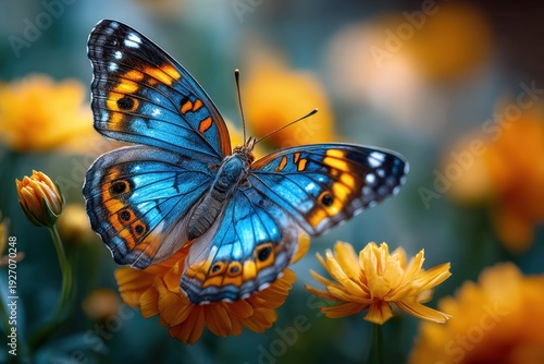 Blue and Orange Butterfly on Yellow Flowers