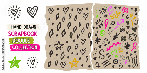 Hand drawn scrapbook doodles featuring hearts stars and abstract shapes
