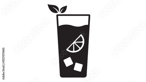 Minimalist Black Vector Silhouette of Refreshing Iced Tea or Cocktail Glass with Lemon Slice and Mint Isolated on White Background