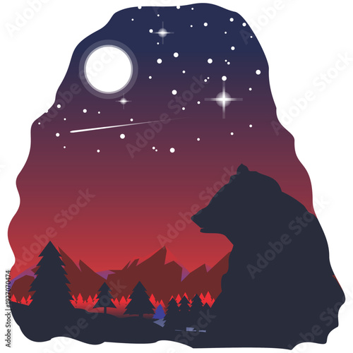 Double exposure silhouette of a bear containing a starry night sky, full moon, and mountain pine forest