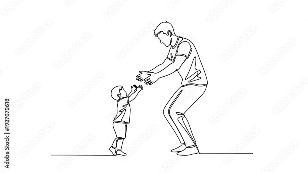 Naklejka premium Black Continuous Line Art Father Trying to Catch Son | One Line Parenting Illustration