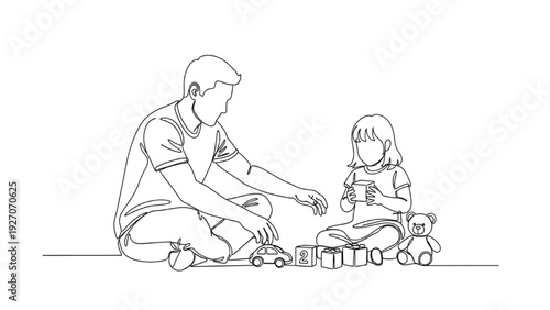 Black Continuous Line Art Father Playing with Daughter Using Toy | One Line Parenting Illustration