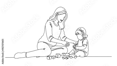 Black Continuous Line Art Mom and Daughter Playing Together with Toy | One Line Parenting Illustration
