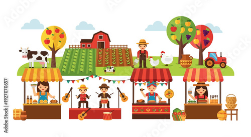 Farmer's Market Festival Vector Illustration. Vendors Selling Organic Produce, Farm Scene with Barn, Cow, and Musicians.