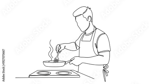 Black Continuous Line Art Father Cooking in Kitchen | One Line Home Chef Illustration