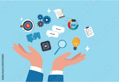 Skill, work experience or ability development, expertise success, leadership or communication to success, learning skills, wisdom concept, businessman hand hold multiple skills set to achieve success