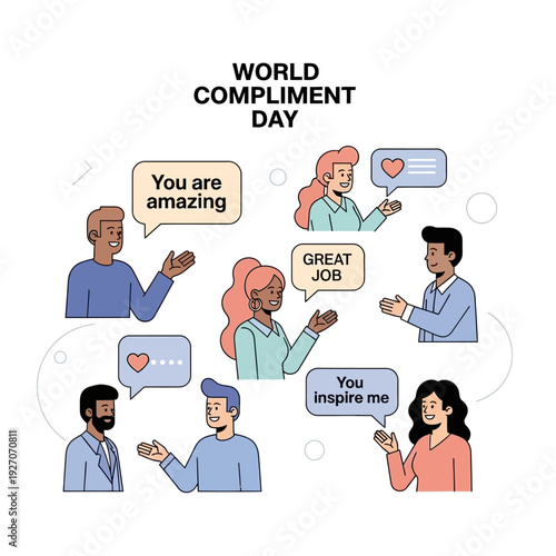 Diverse group of happy individuals exchanging heartfelt compliments and supportive messages, fostering a culture of positivity and appreciation in a modern flat illustration
