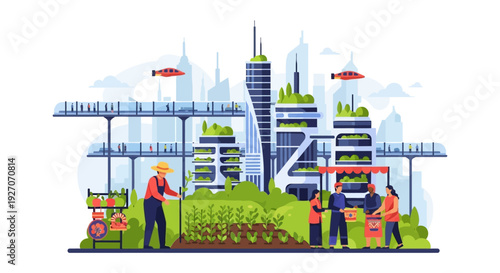 Futuristic Smart City Blending Urban Farming, Sustainable Agriculture, and Green Architecture. Eco-Friendly Life Concept with Vertical Gardens and Modern Transport.