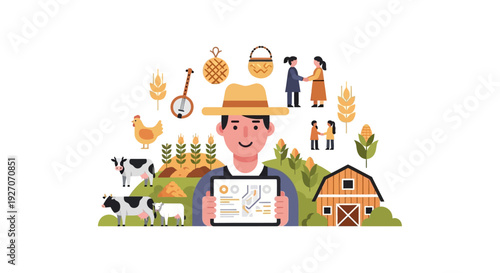 Smart Farmer Using Digital Tablet for Agribusiness Management and Data Analytics, Surrounded by Crops, Livestock, and Farm Community Illustration