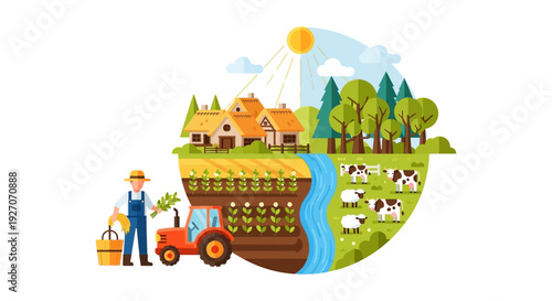 Farm Ecosystem Illustration: Farmer, Tractor, Crops, Livestock, and Country House in Flat Design Vector