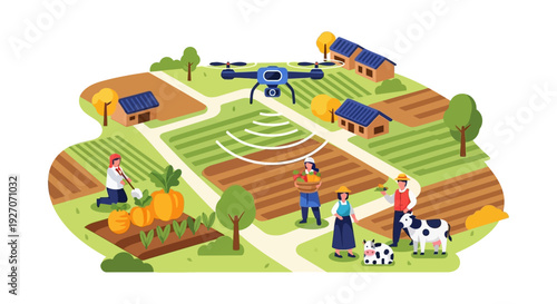 Precision Agriculture Drone Monitoring Smart Farm. Isometric illustration of farmers, crops, and fields using Agritech.