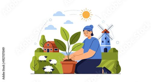 Woman Planting Seedling on Sustainable Farm. Flat Vector Illustration of Agriculture, Rural Life, Growth, and Environmental Care.