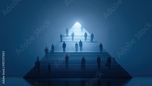 Silhouettes of People Ascending a Glowing Pyramid Staircase Towards Enlightenment.