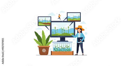 Smart Agriculture Management Concept: Farmer Using Digital Technology for Remote Crop Monitoring, Agronomy, and Hydroponics System Control Illustration.