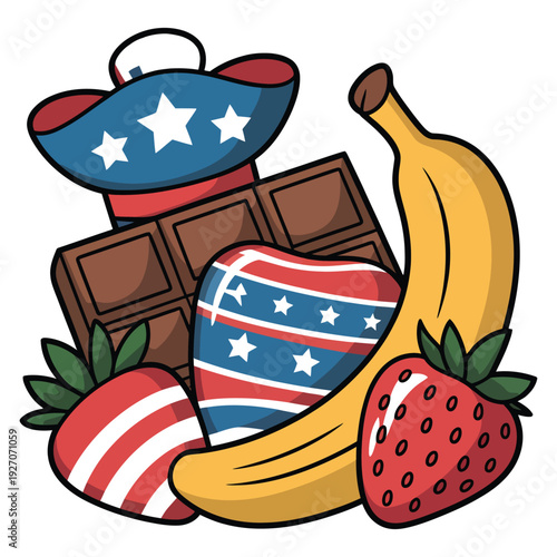 American themed dessert illustration featuring chocolate bar with fresh fruit like bananas and strawberries beside patriotic accessories for summer celebrations and festive holiday snacking