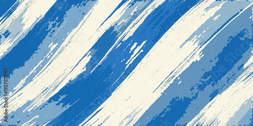 Abstract blue and white brushstrokes create a dynamic diagonal pattern
