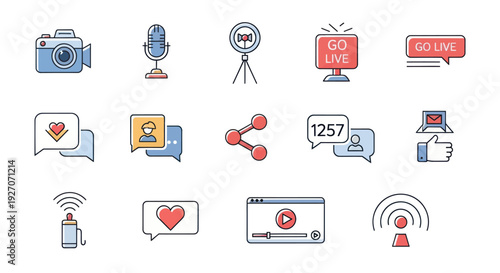 Obraz na plátně Live Streaming Icons Set: Camera, Microphone, Go Live, Likes, Shares, Comments