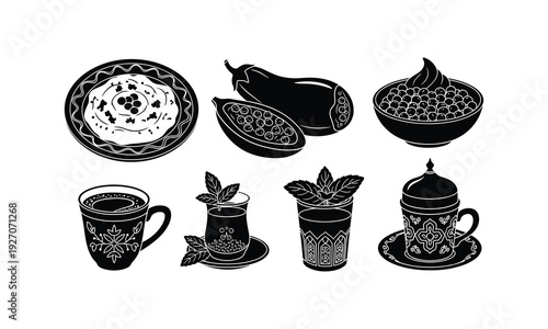 A collection of traditional middle eastern foods and beverages in black and white