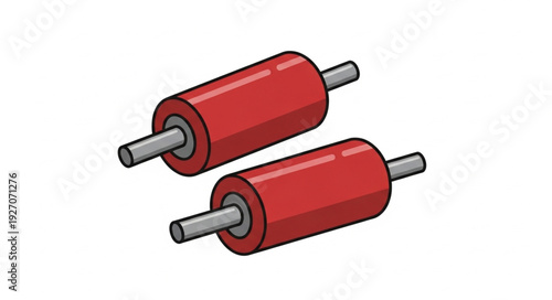 Two red cylindrical rollers with metal axles, isolated on white background.