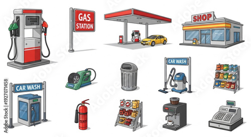 Various gas station elements and related items, all in a cartoon style.