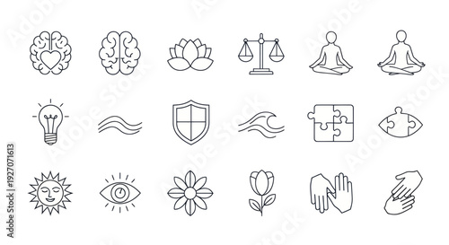 Mindfulness Icons: Brain, Lotus, Scales, Yoga, Lightbulb, Shield, Puzzle