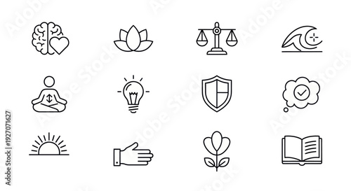 Mindfulness, Balance, and Growth Icons: Brain, Lotus, Scales, Wave, Zen