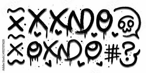 Black spray paint graffiti with abstract shapes letters and heart motifs