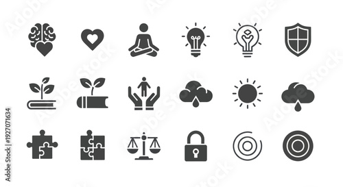 Mindfulness, Health, Ideas, Protection, Growth, Balance, Security Icons Set