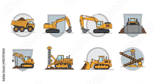 Construction equipment collection featuring various heavy machinery for industrial projects and infrastructure development.