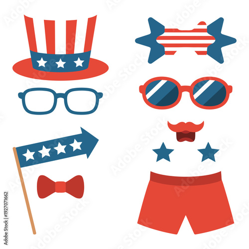 Patriotic photo booth props set including uncle sam hat star glasses mustache and bow tie for fourth of july parties and american independence day celebrations or festive holiday events