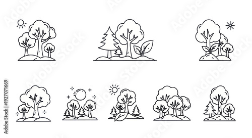 Minimalist Line Art Forest Icons: Trees, Nature, Seasons, and Sun/Moon Symbols