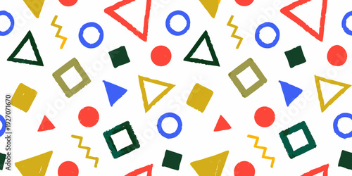 Colorful geometric shapes scattered across a bright white background