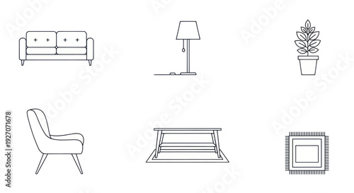 Minimalist Line Art Furniture Icons: Sofa, Chair, Lamp, Plant, Rug, Coffee Table
