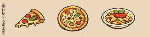 Set of vintage hand-drawn Italian food illustrations including a pizza slice, whole pizza, and penne pasta with tomato sauce and basil.