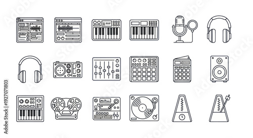 Music Production Equipment Icons: Studio Gear, DJ, Audio Tools, Beats, Sound