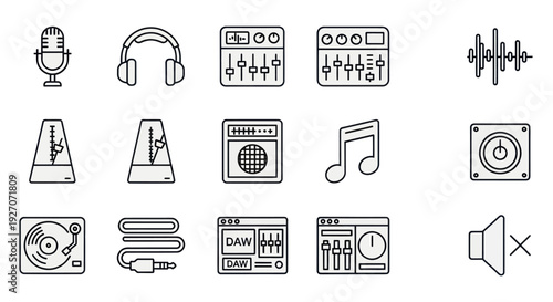 Music Production Icons: Microphone, Headphones, Mixer, DAW, Speaker, Turntable